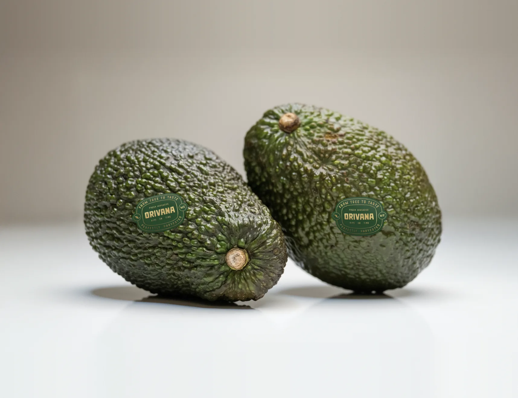 Dos aguacates Hass con la etiqueta de ORIVANA