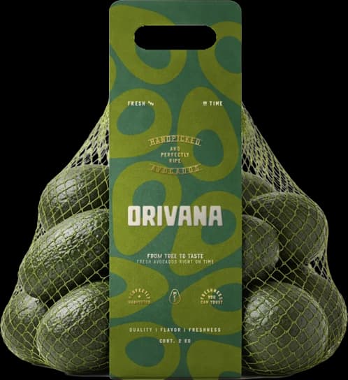 Malla de aguacates con etiqueta ORIVANA