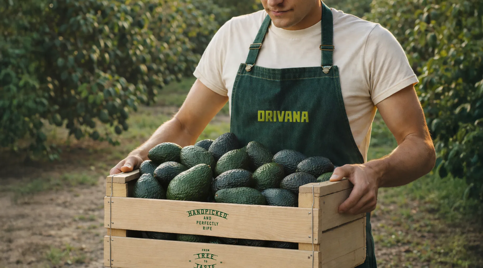 Productor con mandil ORIVANA cargando una caja de aguacates en el huerto